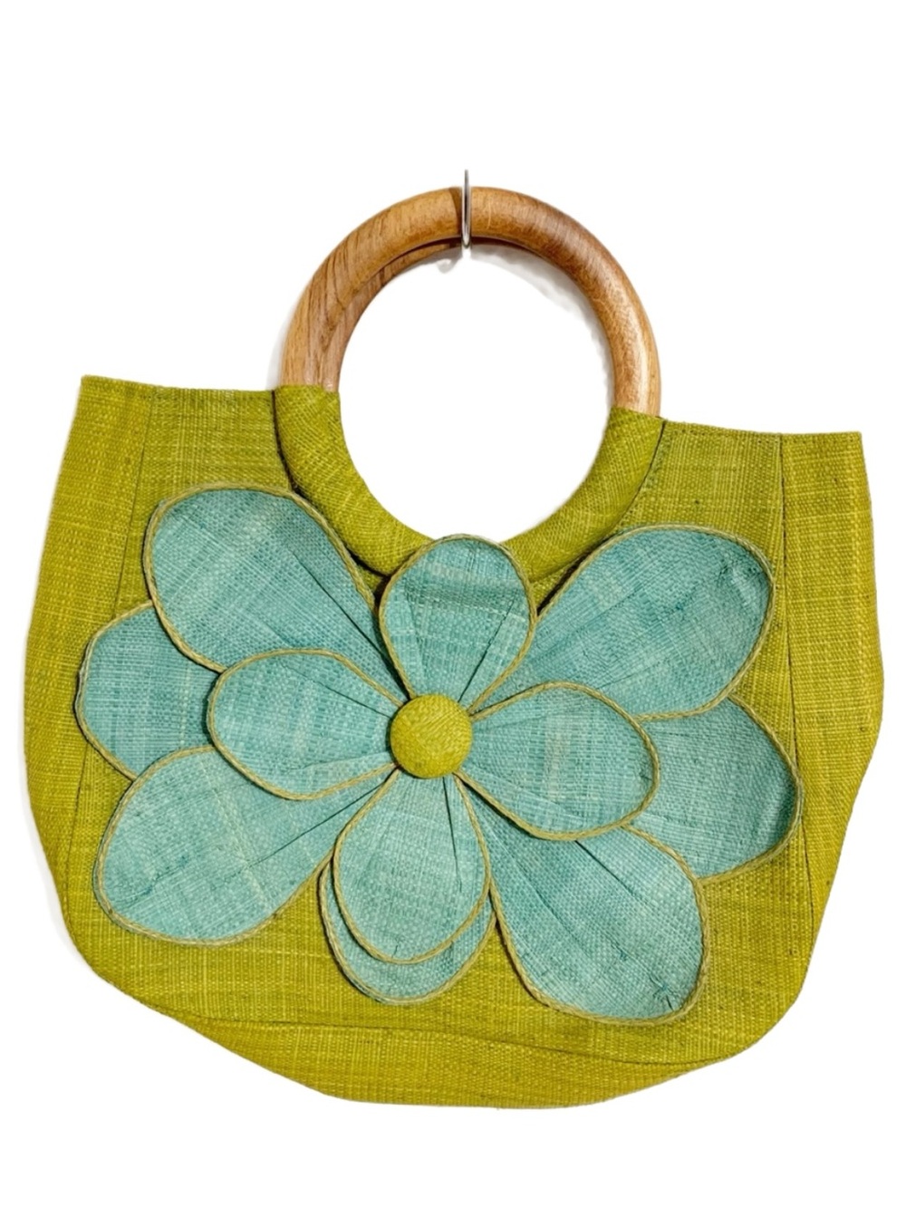 Mar Y Sol Guadalupe Woven Green & Turquoise Flower Bag with Round Wooden Handles
